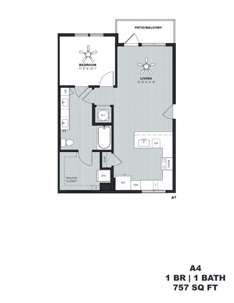 Floor plan for 1 bed, 1 bath, 757 sqft